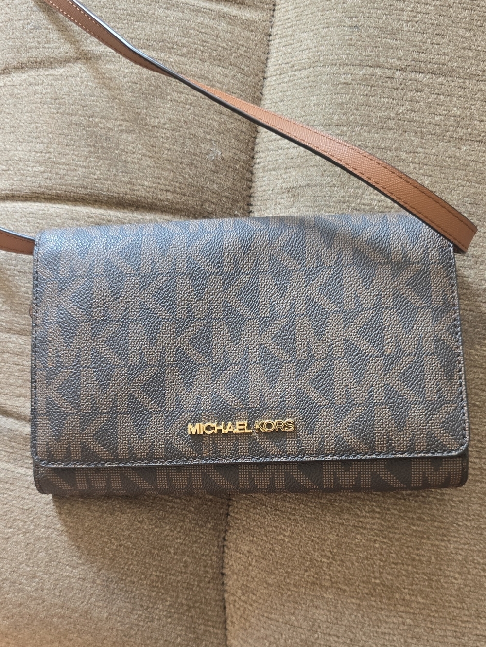 Michael Kors Brown Logo-Print Crossbody with Gold Hardware